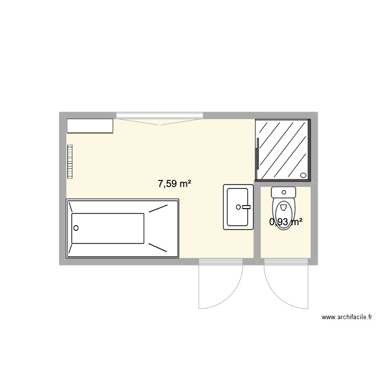 SDB avant Petitjean. Plan de 2 pièces et 9 m2