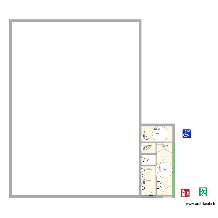 WC stade. Plan de 4 pièces et 17 m2