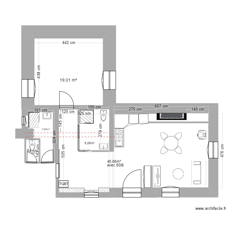 APS SDB & appartement. Plan de 2 pièces et 36 m2