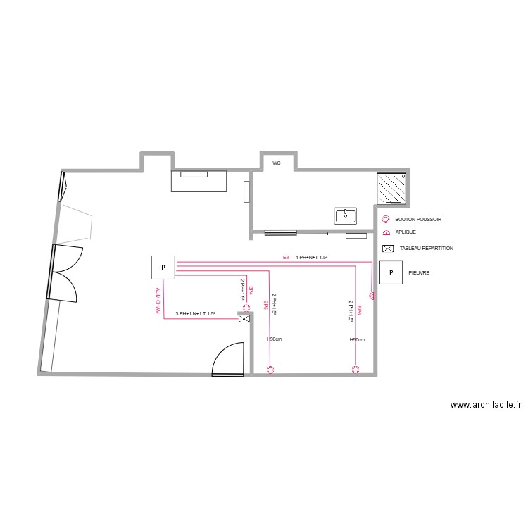 plans studio ECLAIRAGE CHAMBRE. Plan de 2 pièces et 43 m2