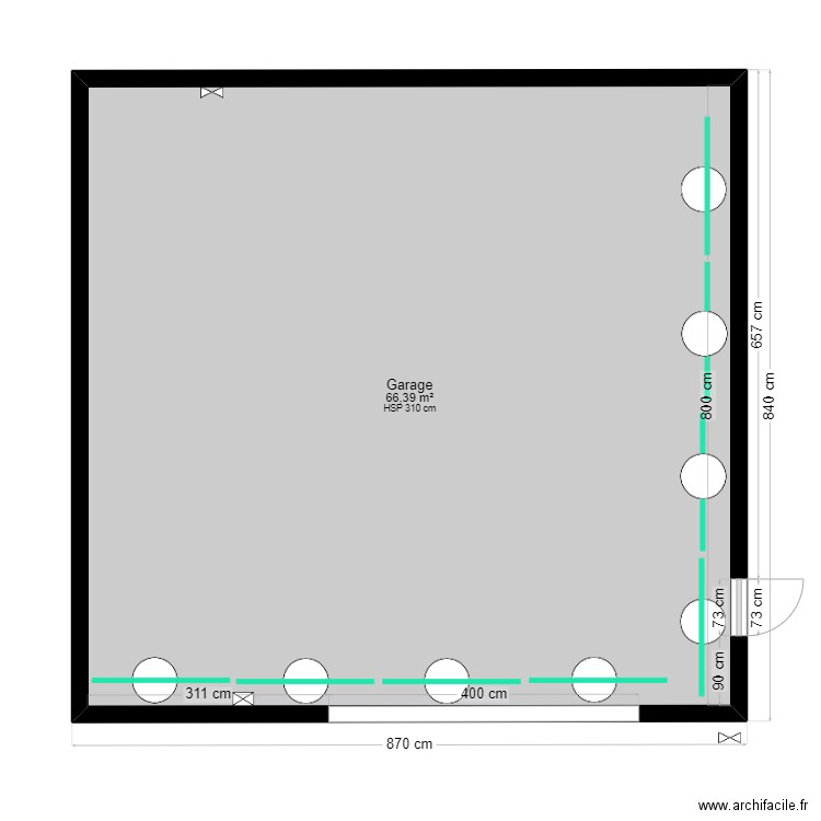 Vue dessus woof top. Plan de 1 pièce et 66 m2