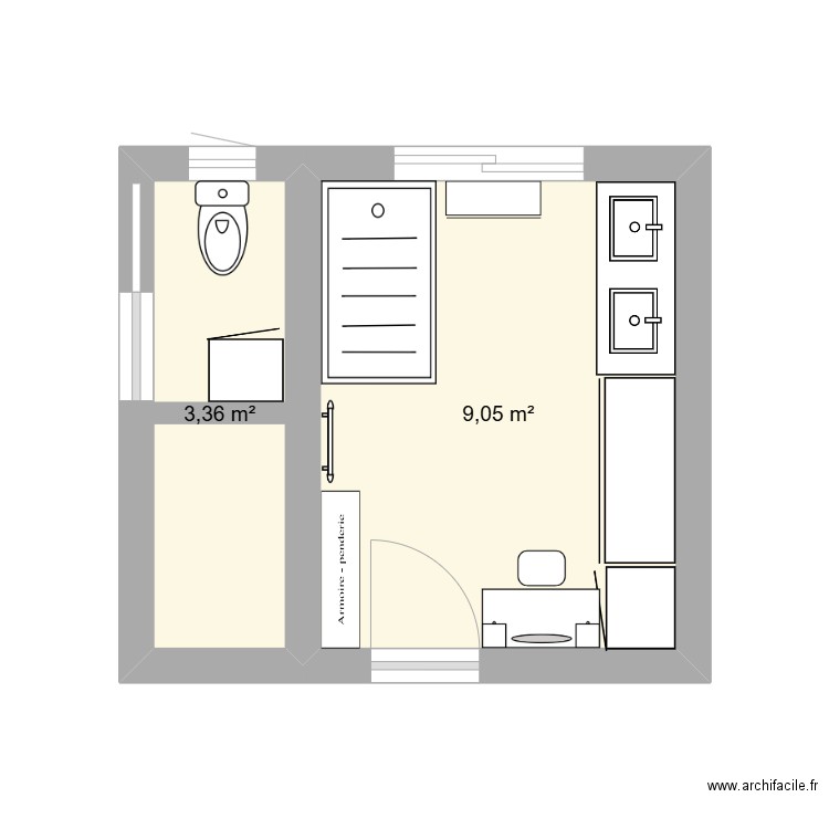 SDB. Plan de 2 pièces et 12 m2