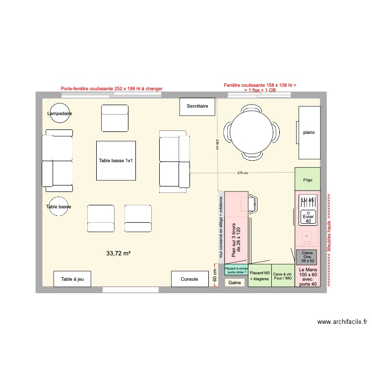 Cuisine four et placard au fond. Plan de 2 pièces et 34 m2