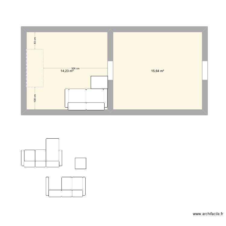 Canap. Plan de 2 pièces et 30 m2