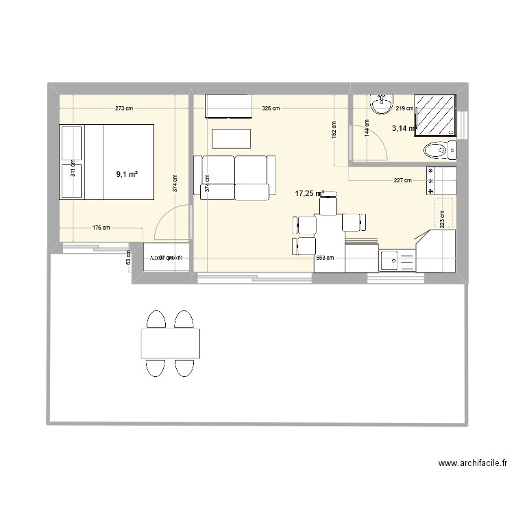 bungalow. Plan de 3 pièces et 29 m2