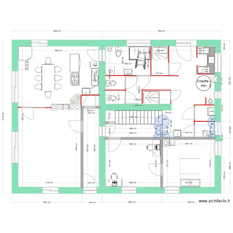 Caro RdC sanitaire en cassant mur. Plan de 6 pièces et 114 m2