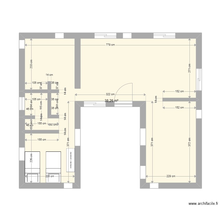 villa basse containeur. Plan de 1 pièce et 38 m2