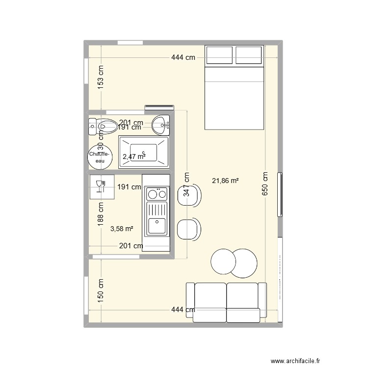 Appartement Marine. Plan de 3 pièces et 28 m2