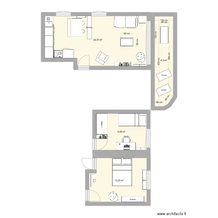 appart. Plan de 4 pièces et 54 m2