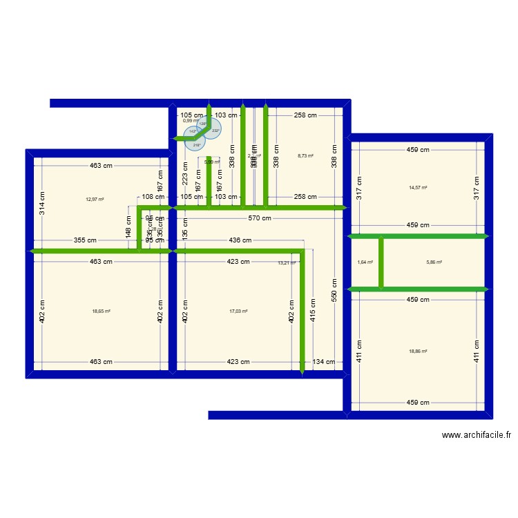 RDC. Plan de 13 pièces et 122 m2