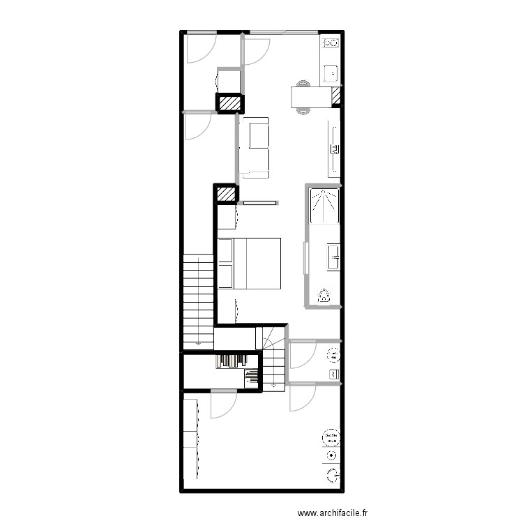 RDC. Plan de 9 pièces et 66 m2