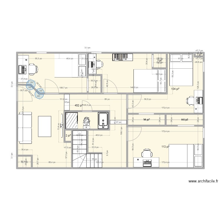 sous sol. Plan de 9 pièces et 68 m2