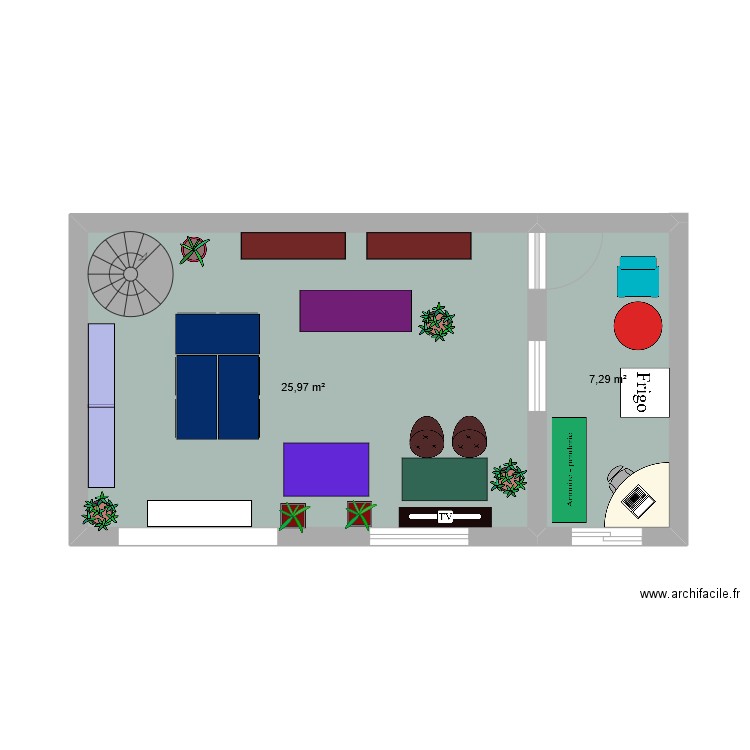 magasin. Plan de 2 pièces et 33 m2