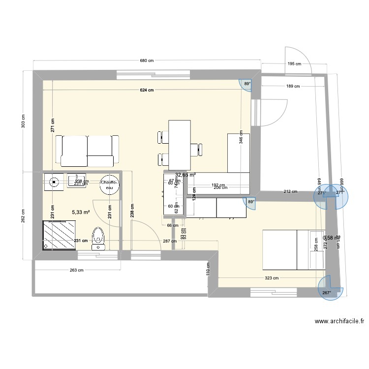 cher. Plan de 3 pièces et 39 m2