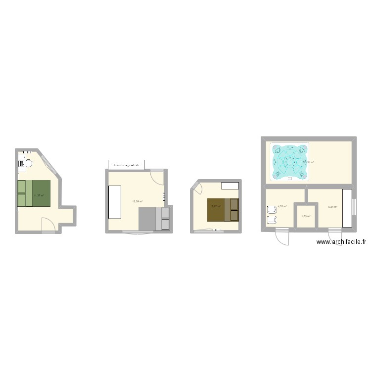 Chambres. Plan de 7 pièces et 57 m2