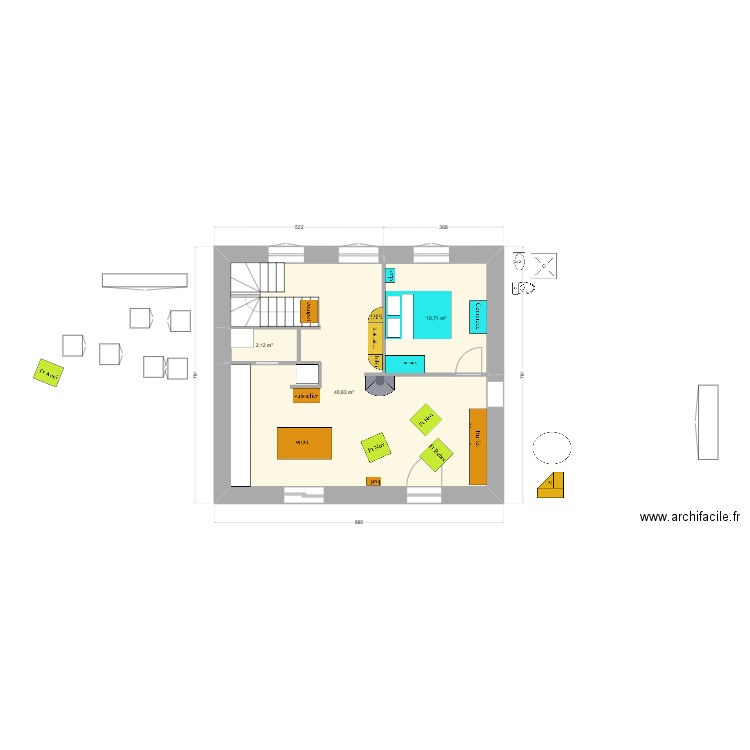 en face : essai 4 definitif. Plan de 3 pièces et 53 m2