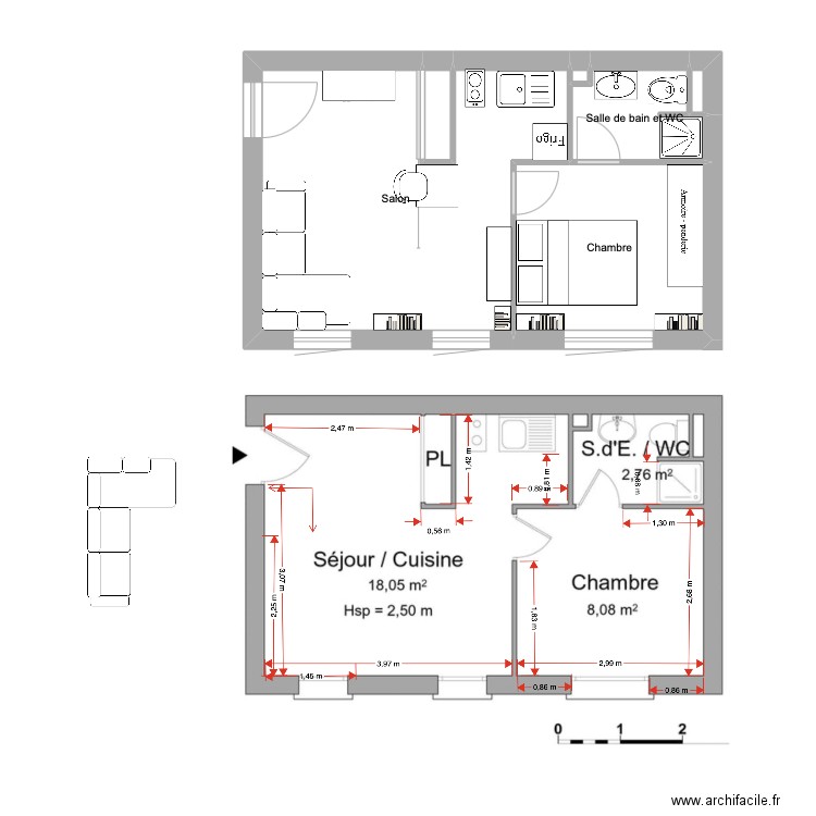 Appart V2. Plan de 6 pièces et 30 m2