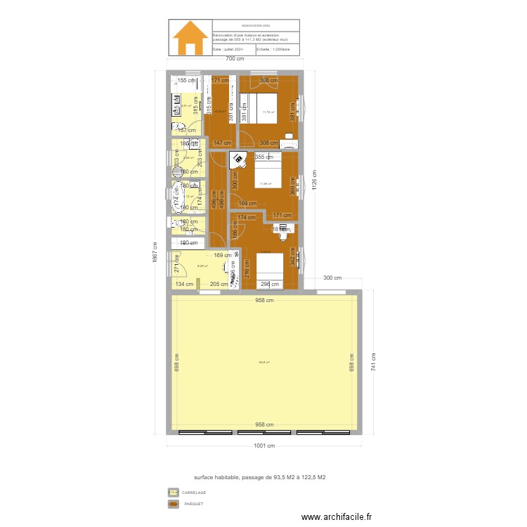 plan avec surface carrelage parquet. Plan de 13 pièces et 135 m2