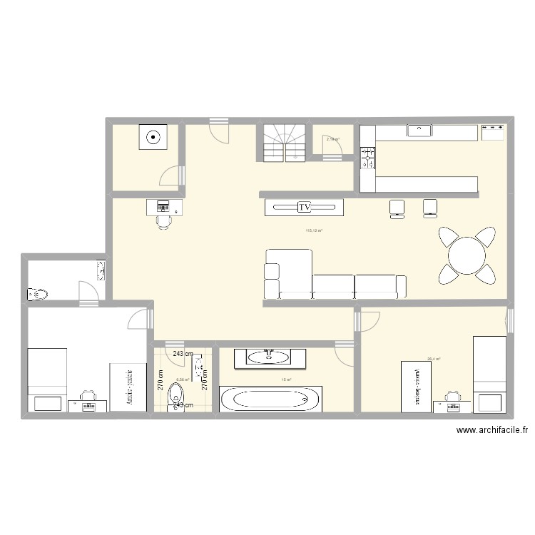 RDC. Plan de 6 pièces et 173 m2