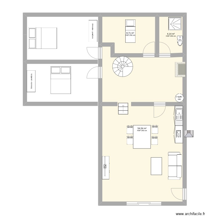 chambre et SdB  WC 2. Plan de 3 pièces et 67 m2