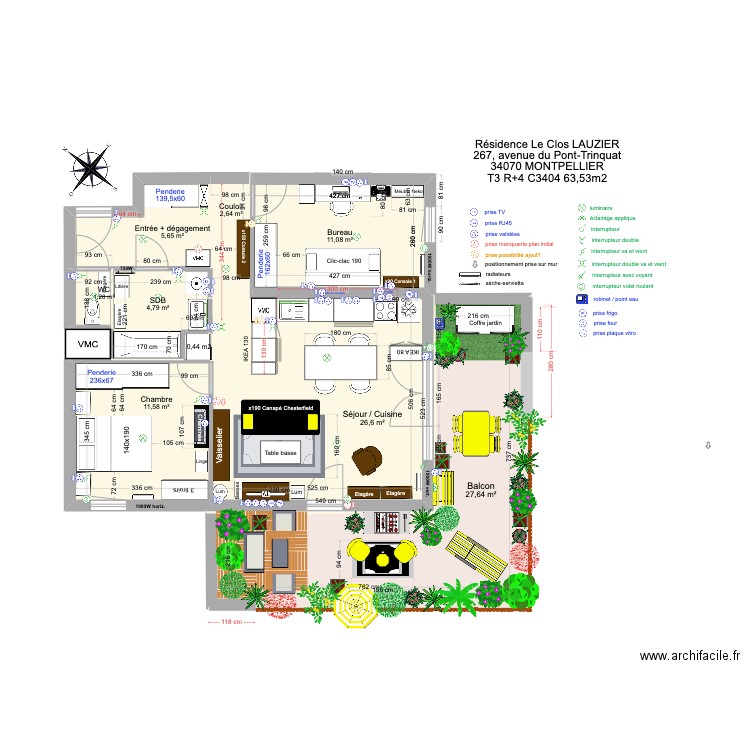 T3 C3404 _ Résidence Le Clos Lauzier 4 (déplacement radiateurs). Plan de 8 pièces et 91 m2