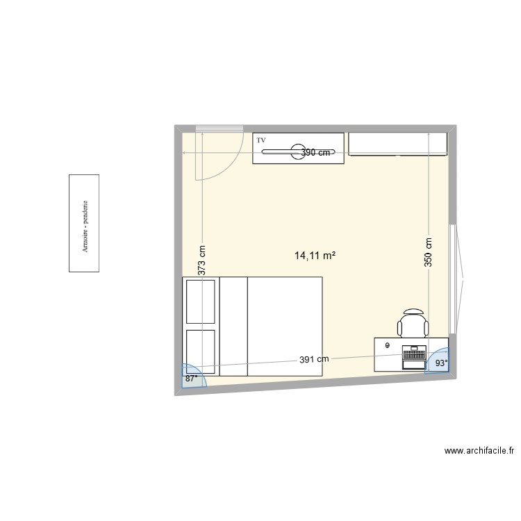 chambre. Plan de 1 pièce et 14 m2