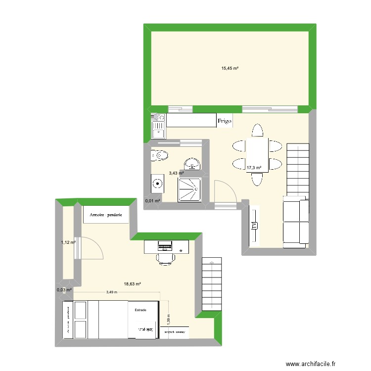 Studio mezzanine modif. Plan de 7 pièces et 56 m2