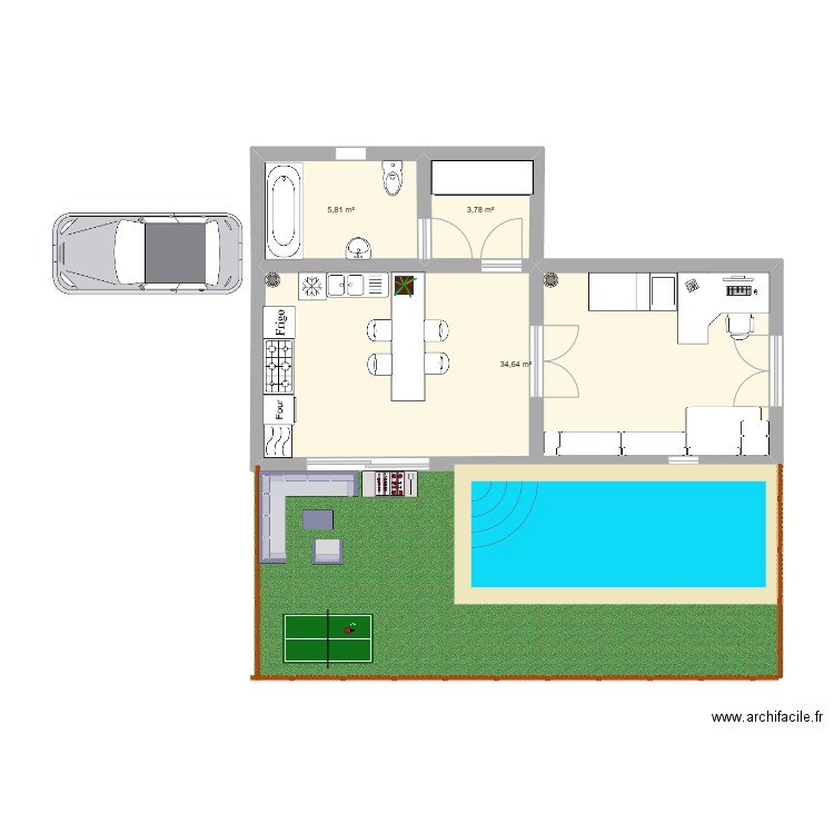 maison. Plan de 3 pièces et 44 m2