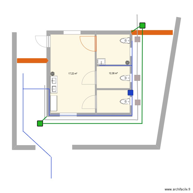 esquisse WC Eglise Diamant. Plan de 2 pièces et 30 m2