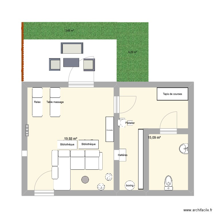 Pièce détente. Plan de 2 pièces et 35 m2