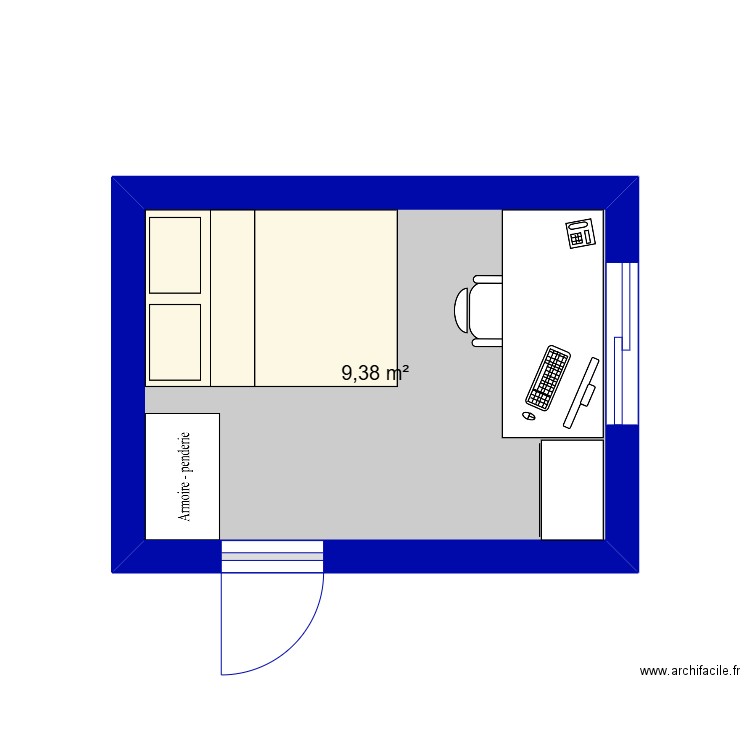 chambre. Plan de 1 pièce et 9 m2