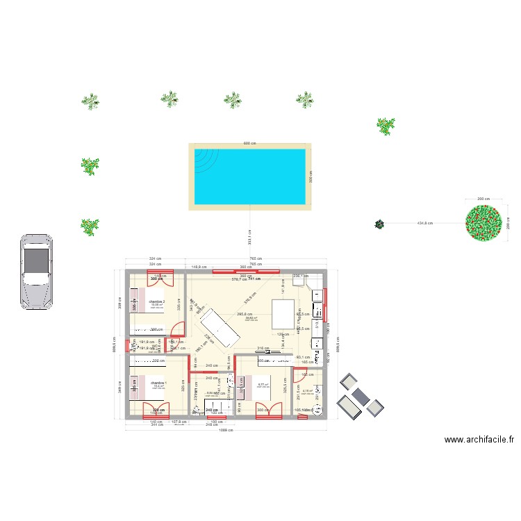 rose. Plan de 7 pièces et 79 m2