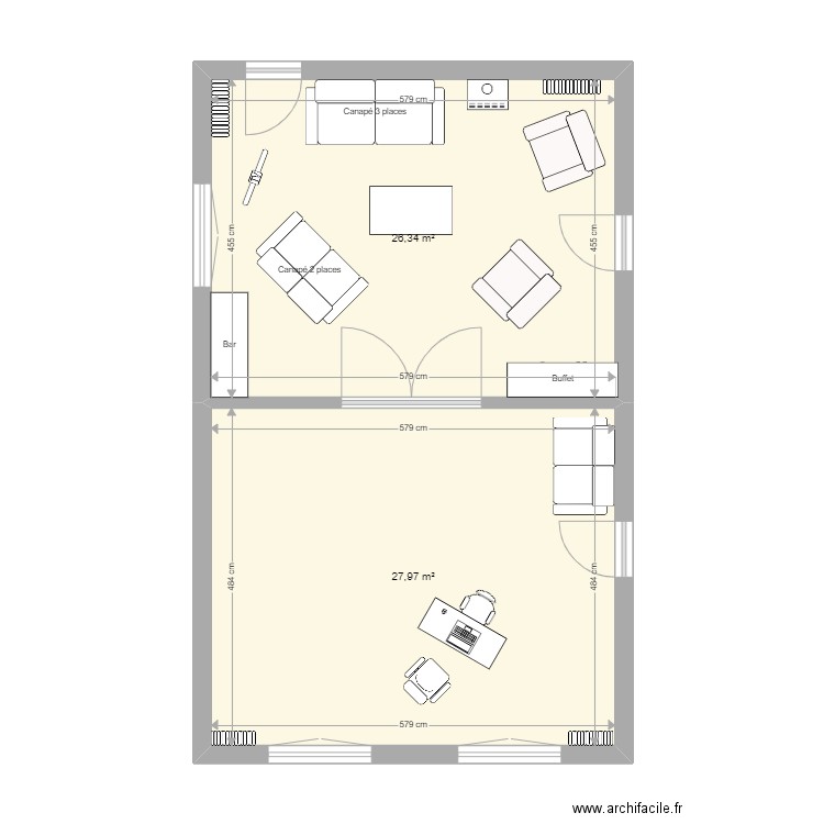 bureau-salon. Plan de 2 pièces et 54 m2