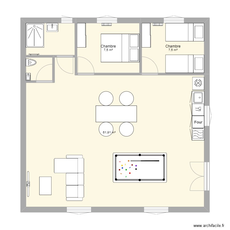 Studio. Plan de 3 pièces et 77 m2