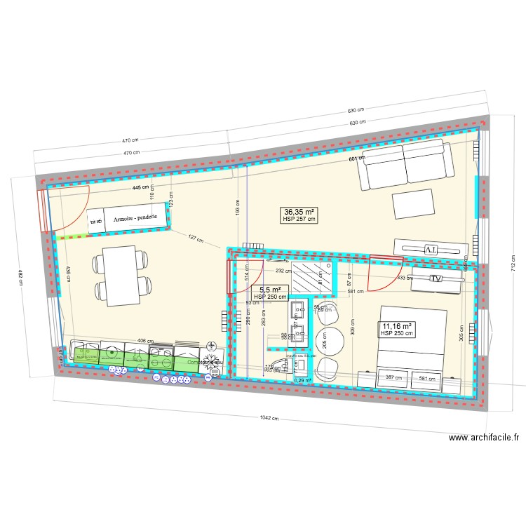 appartement mouja wc dans salle de bain V2. Plan de 3 pièces et 71 m2