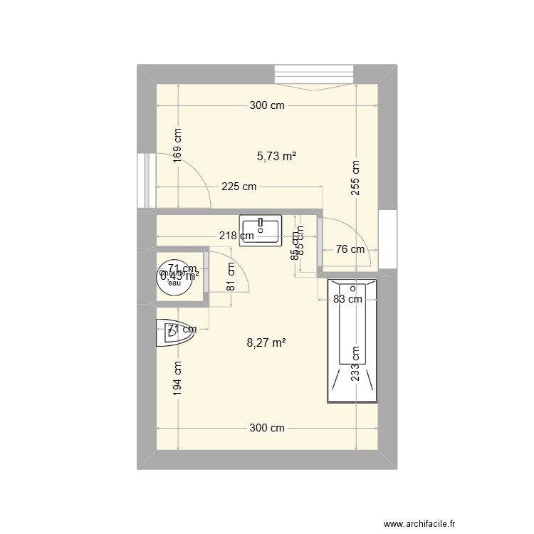 SDB étage. Plan de 3 pièces et 14 m2