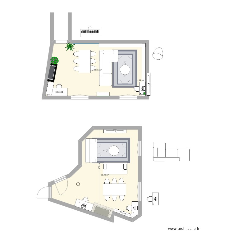 Salon salle a manger. Plan de 2 pièces et 64 m2