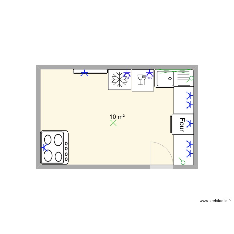 cuisine. Plan de 1 pièce et 10 m2