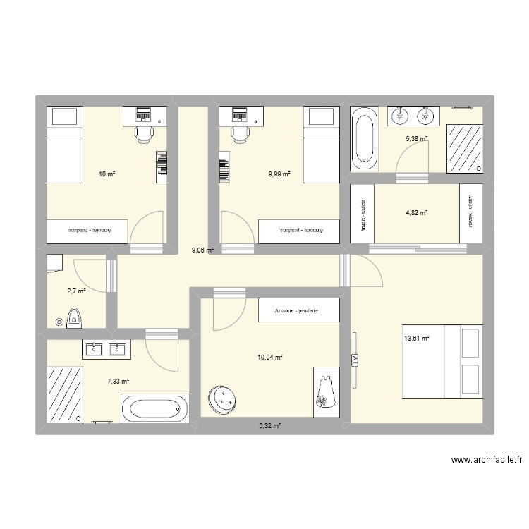 1er étage. Plan de 10 pièces et 73 m2