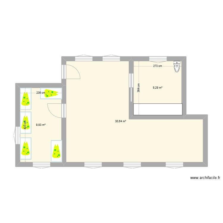 Salle de vie groupe 0-1 ans . Plan de 3 pièces et 49 m2