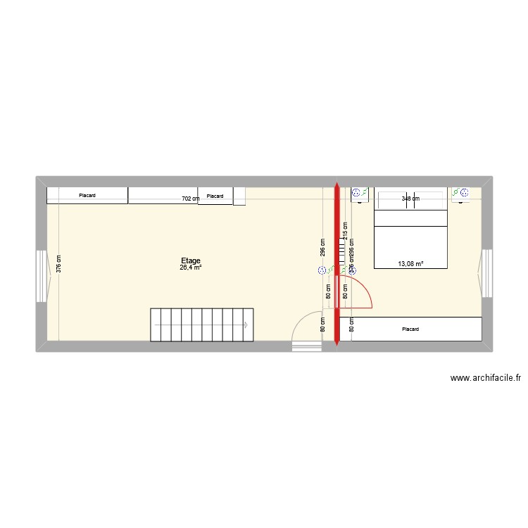 Etage. Plan de 2 pièces et 39 m2