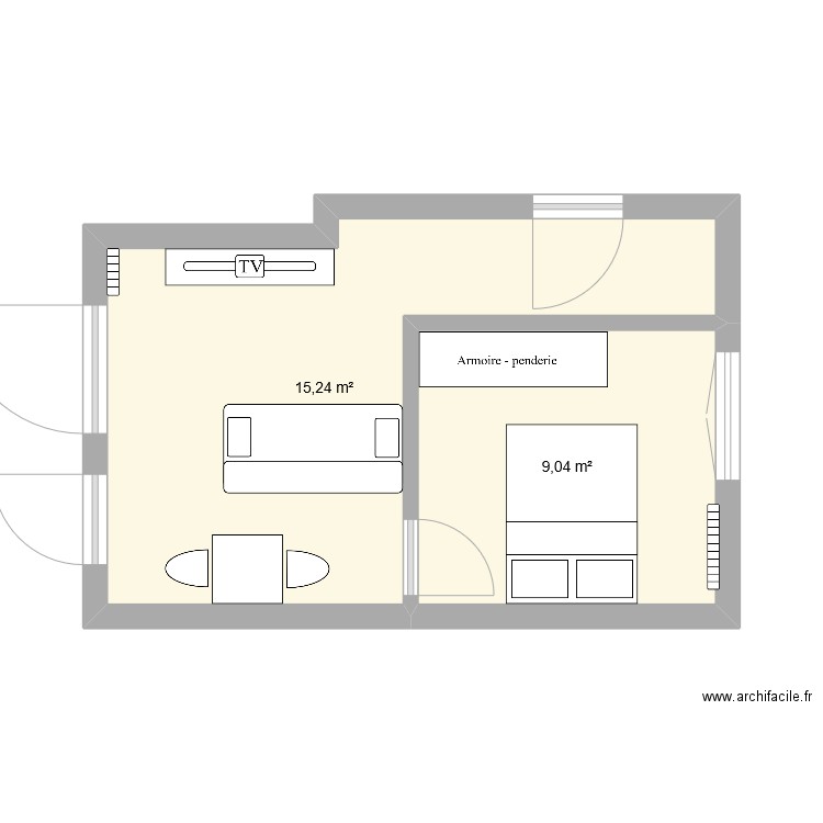 T2 RDC. Plan de 2 pièces et 24 m2