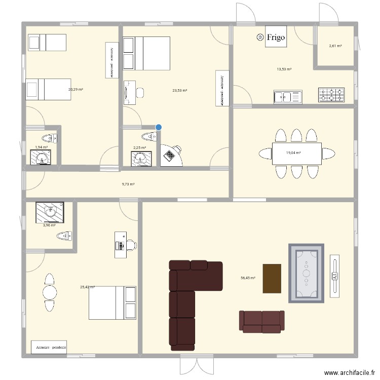 plan de 3 chambres salon avec salle à manger et cuisine . Plan de 11 pièces et 179 m2