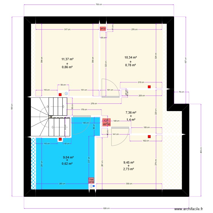 ÉTAGE 1. Plan de 16 pièces et 58 m2