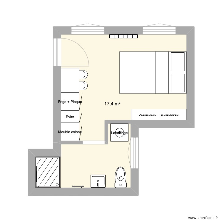 Plan de base Hugo Tassou V1. Plan de 1 pièce et 17 m2