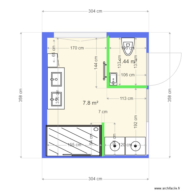 projet sdb BOGAERT. Plan de 2 pièces et 9 m2