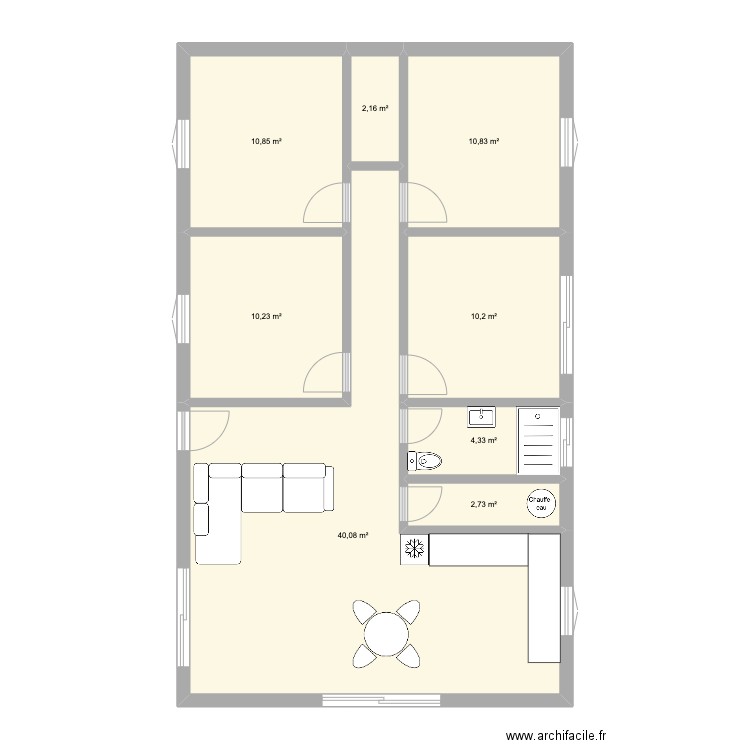 Longère hearthship. Plan de 8 pièces et 91 m2