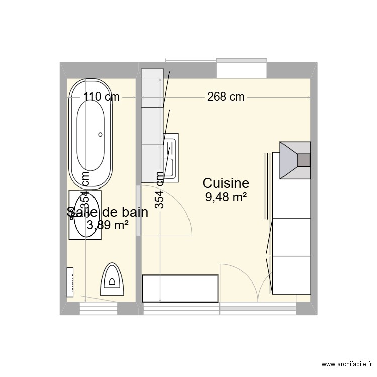 Cuisine Mons 241210. Plan de 2 pièces et 13 m2