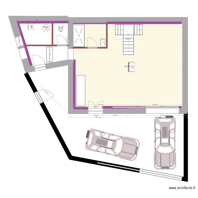 Plan RDC escalier bifurqué central. Plan de 1 pièce et 61 m2