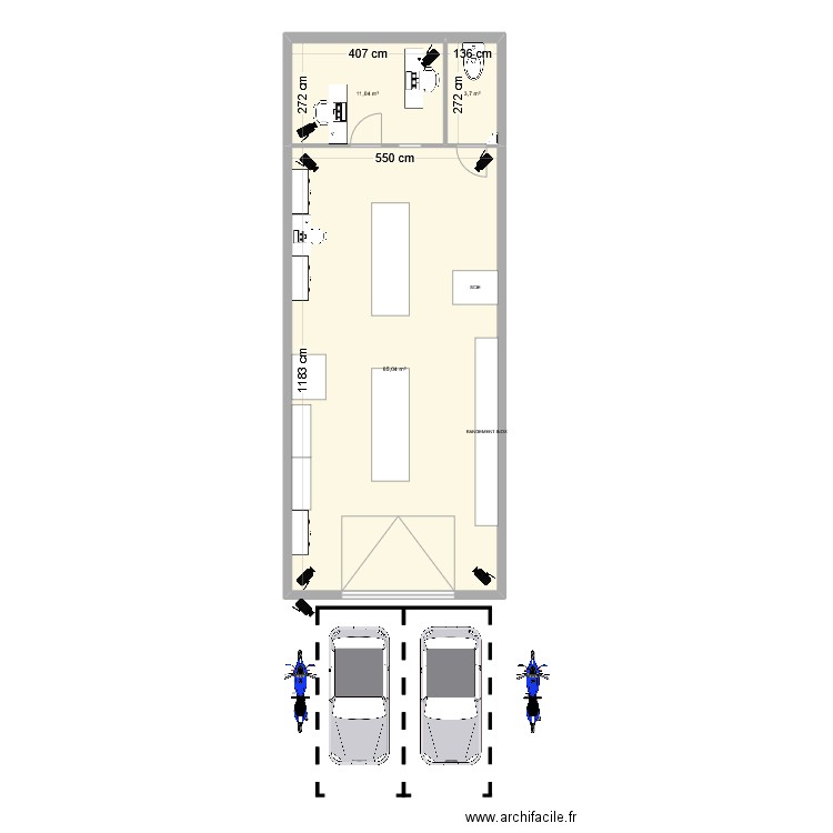 Atelier Afa. Plan de 3 pièces et 80 m2